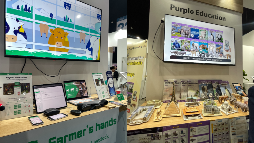 Bodit (left) and Purple Education (right), Korean companies present at the event, showcase their solutions in agriculture and education.  
