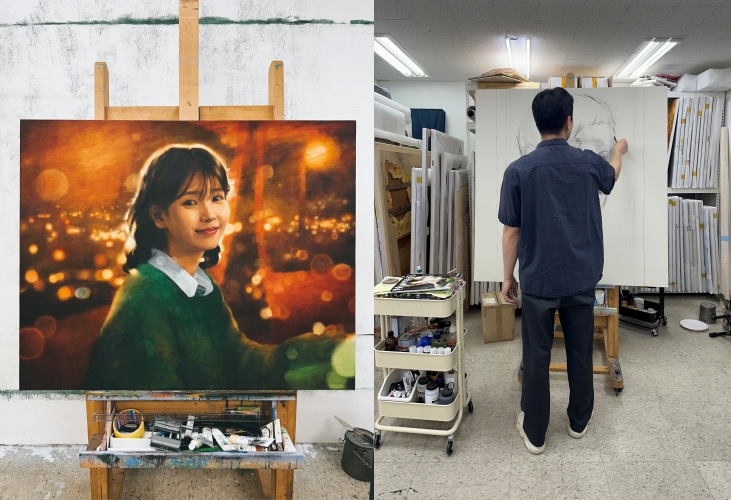 Portrait of Geum-myeong in “When Life Gives You Tangerines” (left) painted by Kim Dae-you and Kim (right) creating artwork in his studio (Kim Dae-you)   