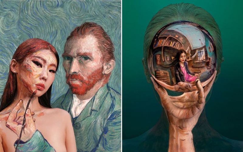 Her portfolio includes a striking interpretation for the Van Gough Museum (left) and a masterful recreation of M.C. Escher’s “Hand with a Reflecting Sphere” (right). 
