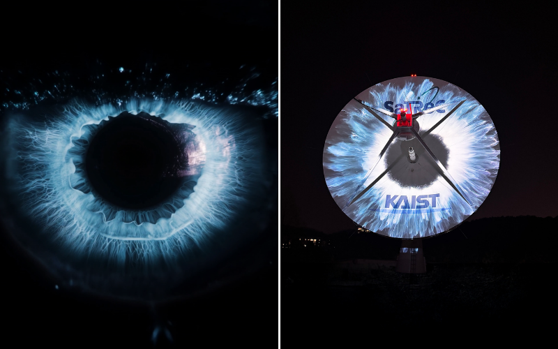 Media artwork “Good Morning, Mr. G-Dragon” is projected onto an antenna used by KAIST’s small satellite to transmit G-Dragon’s biosignals, including his iris data and voice, on April 9. 