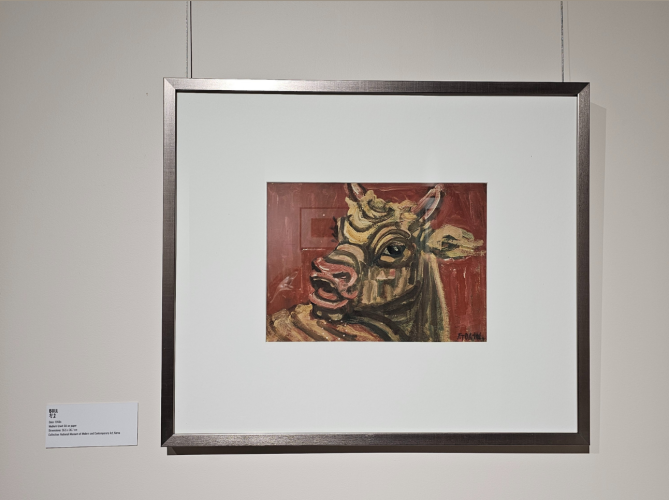“Bull” (1950s), painted during the Korean War period, features vivid colors that convey powerful energy and express his determined hope for reunion with his family.