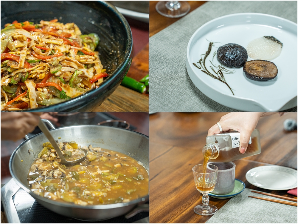 Clockwise from left are seasoned cucumber and bamboo; pyogo (shiitake) mushroom and yam; kombucha; and doejang jjigae (soybean paste stew).