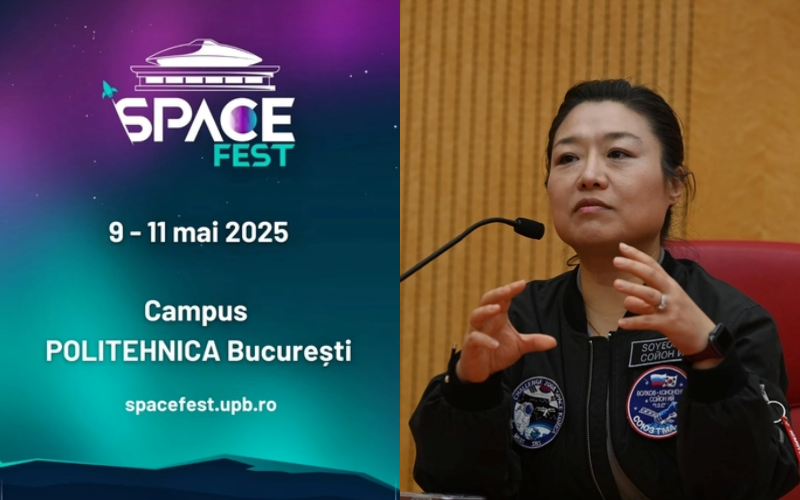 The official poster of the SpaceFest event held on May 9-11 at the Politehnica University of Bucharest, Romania (left) and Yi So-yeon participates in the conference of the event on May 9.
