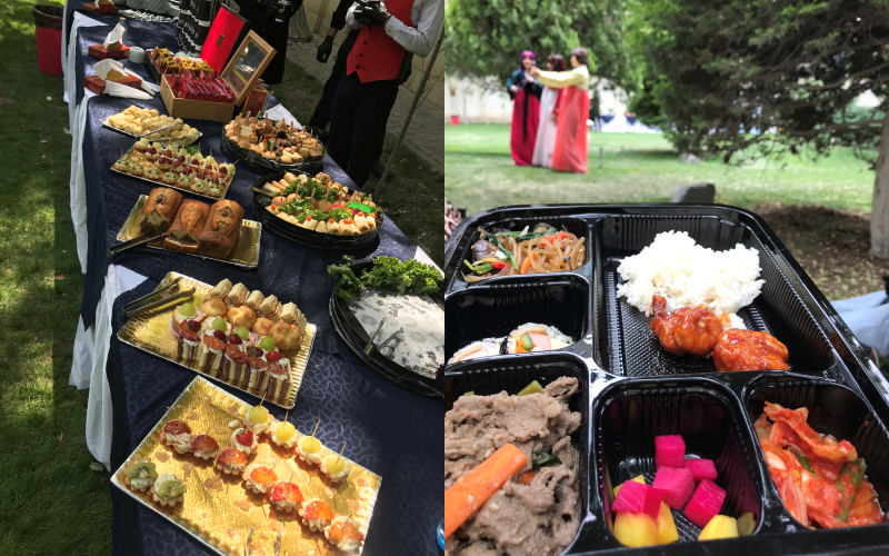 Breakfast buffet (left) and lunch boxes (right) were served to the participants of the Sejong Institute Koran Language Speaking Contest on May 15, featuring both Iranian and Korean culinary traditions. 