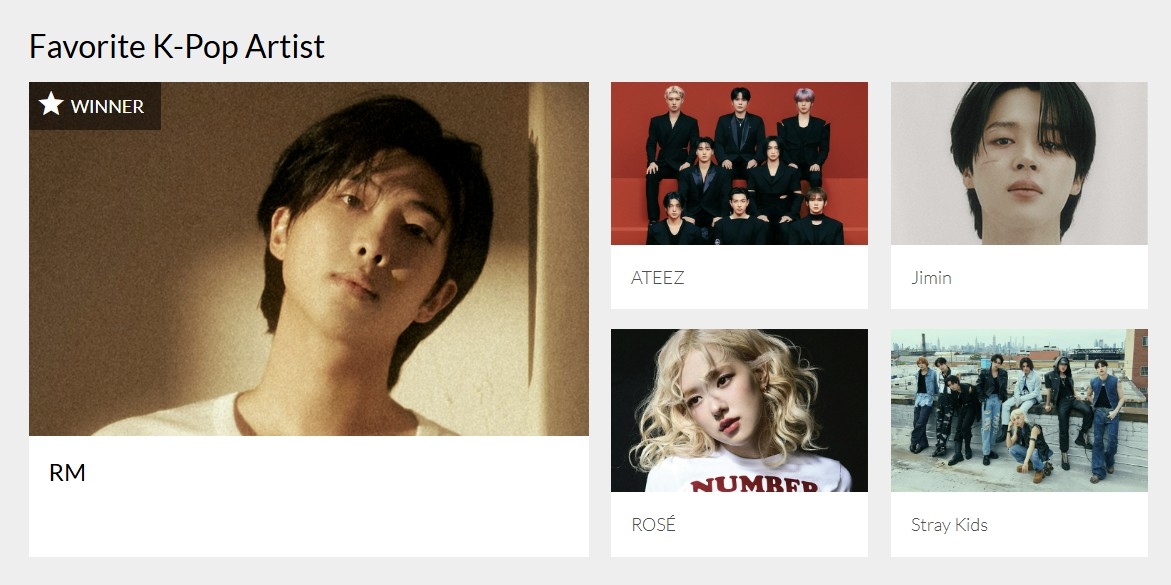 RM, a member of K-pop sensation BTS, is this year's Favorite K-Pop Artist of the American Music Awards (AMA). (Screenshot from AMA's official website) 