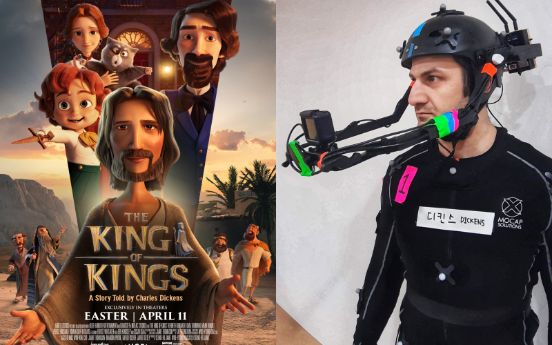 The official poster of “King of Kings” (left) and Serj Avakian captures his motions of character Charles Dickins with the special helmet. (Angel Studios and Serj Avakian)
