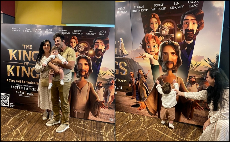 The official poster of “King of Kings” (left) and Serj Avakian captures his motions of character Charles Dickins with the special helmet. (Angel Studios and Serj Avakian)