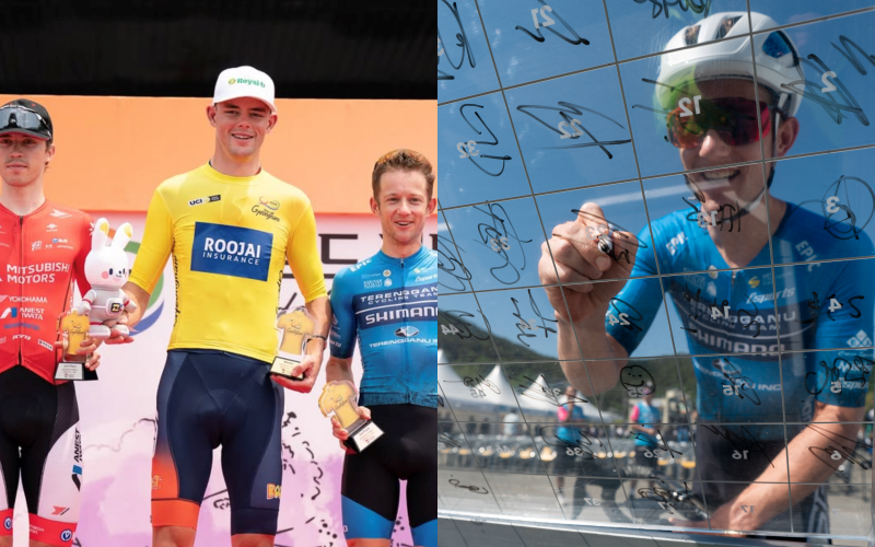 The finalists (left), including third-place winner Adne van Engelen, at the final podium ceremony of Tour de Gyeongnam, and van Engelen (right) signing his autograph on the Tour de Gyeongnam acrylic board  