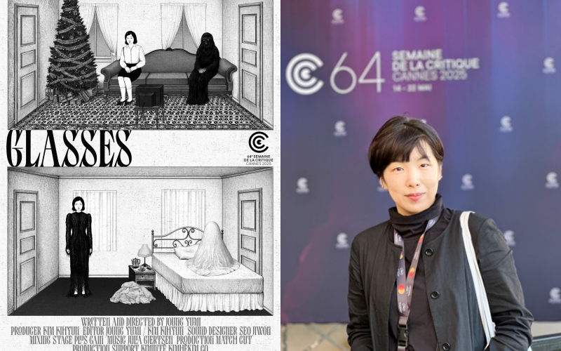 The official poster of the film “Glasses,” the first Korean animated film selected for the Cannes Film Festival’s Critics’ Week section (left), and its director, writer and editor Joung Yumi (right)  