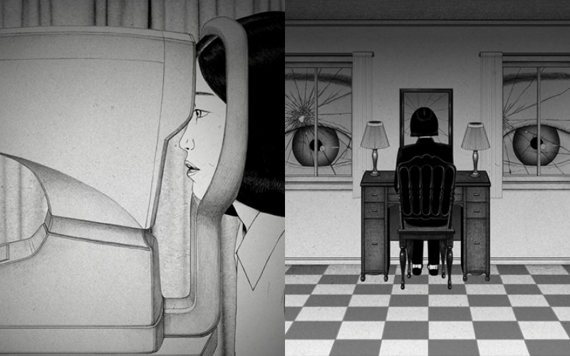 Stills from “Glasses,” a story about a protagonist who confronts their inner shadow and discovers a new perspective. 