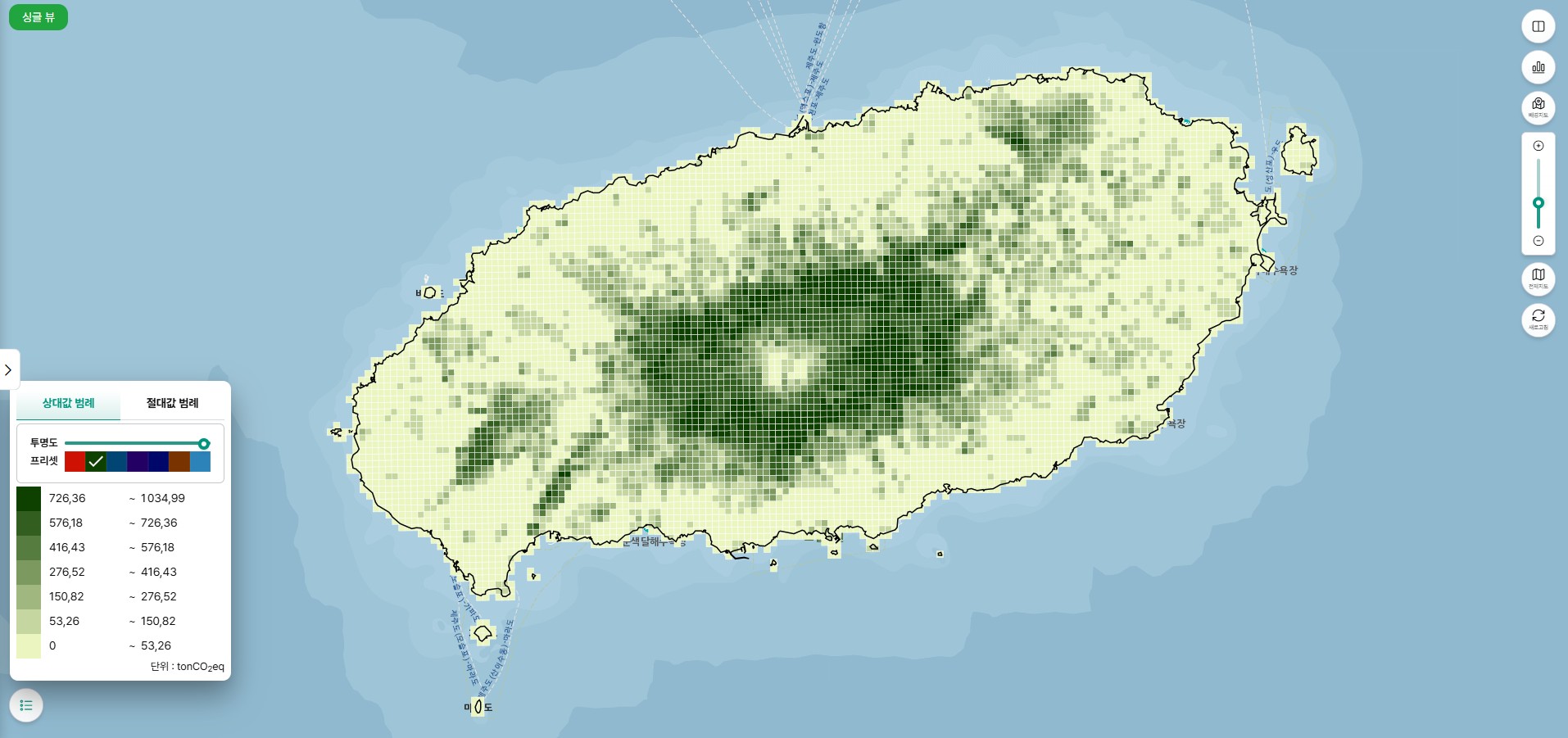 A carbon emissions map developed by the Ministry of Land, Infrastructure and Transport will be part of a pilot project of the Asia Development Bank in Uzbekistan. Shown is a graphic of carbon absorption in forests on Jeju Island in 2023. (Ministry's carbon emissions map system)
