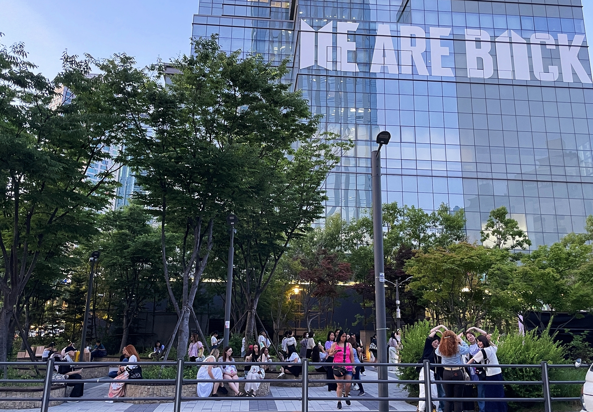 The headquarters of BTS' management agency Hybe in Seoul's Yongsan-gu District from June 10 displayed on its building the official logos of the group and Army, the global fan community of the boy band, along with the phrase 