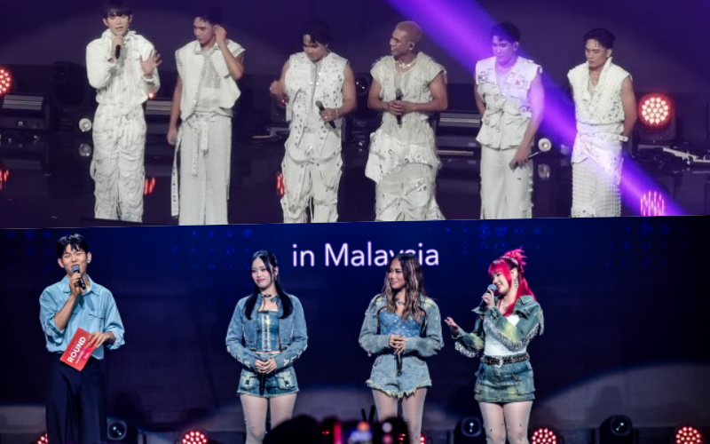 Filipino boy group 1st One (left) and Malaysian girl group DOLLA (right) performing at 2025 ROUND (NewsWire)