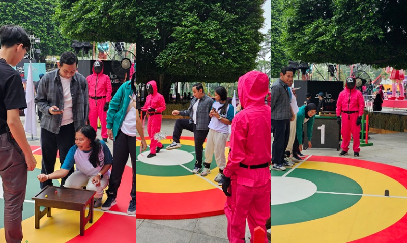 Participants at the triathlon arena playing gonggi (left), jegichagi (center), biseok chigi (right)