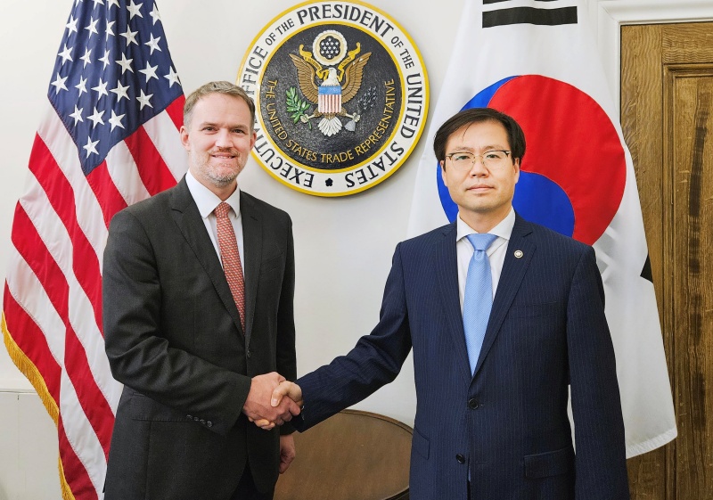 ▲ 상호관세 유예 시한(7월 8일) 이전인 지난 5일, 여한구 산업통상자원부 통상교섭본부장이 미국 워싱턴 D.C.에 위치한 미국 무역대표부(USTR)에서 제이미슨 그리어(Jamieson Greer) USTR 대표와 의견을 교환했다. 산업통상자원부