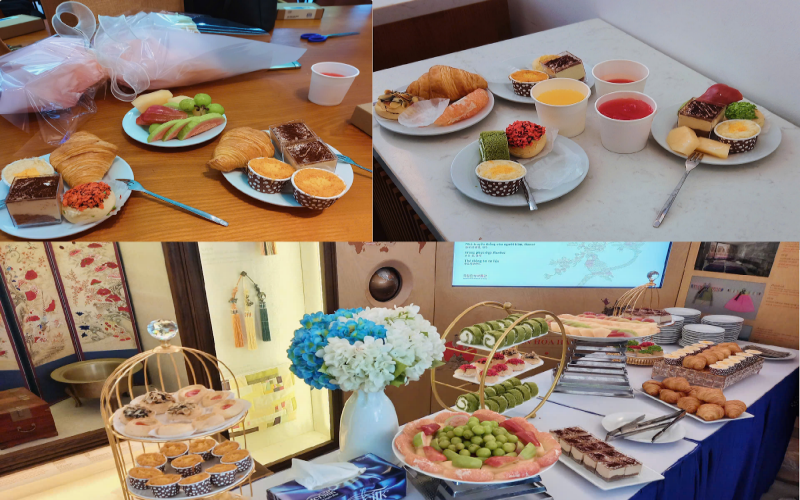 A delightful tea break with plenty of sweets, fruits, and drinks for everyone (Vo Minh Thu)