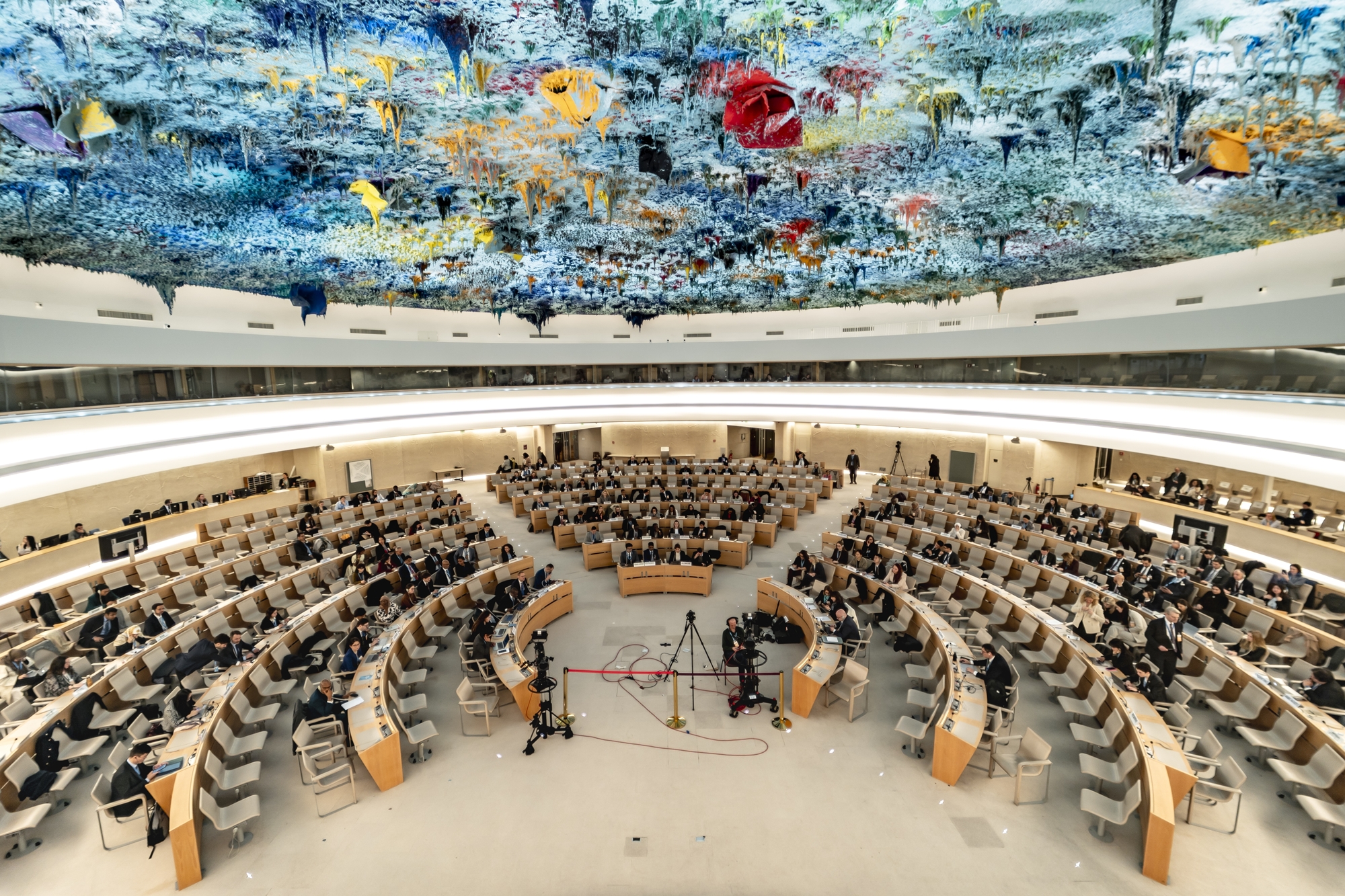 A resolution on new technology's impact on human rights whose proposal was led by Korea was adopted by consensus (agreement without voting) on July 7 by the United Nations Human Rights Council. Shown is a scene from the council's 58th high-level session on Feb. 24 at the world body's headquarters in Geneva, Switzerland. (Yonhap News)