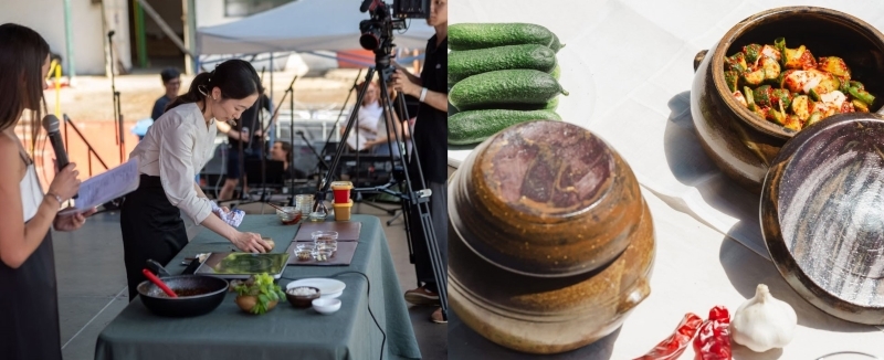 Tae-yeon at the KoreaON 2025 event demonstrating how to make kimchi and jang (left), with cucumber (right). (Antal Zsani)