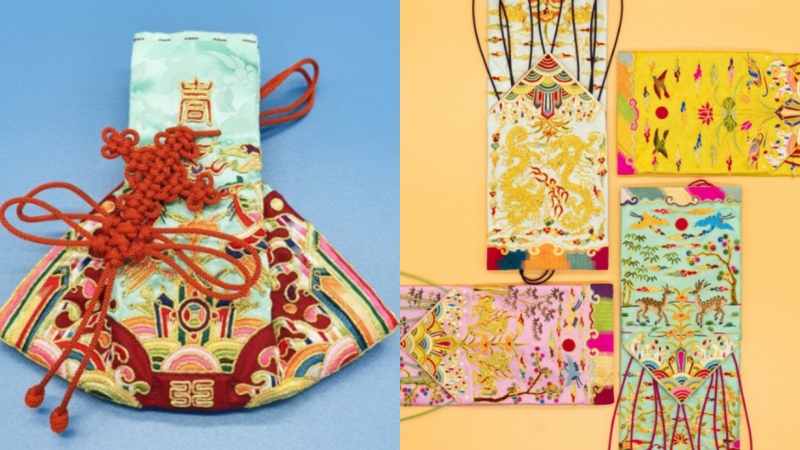 Angular pouch made with silk and golden thread (left) and handmade pouches. (right)
