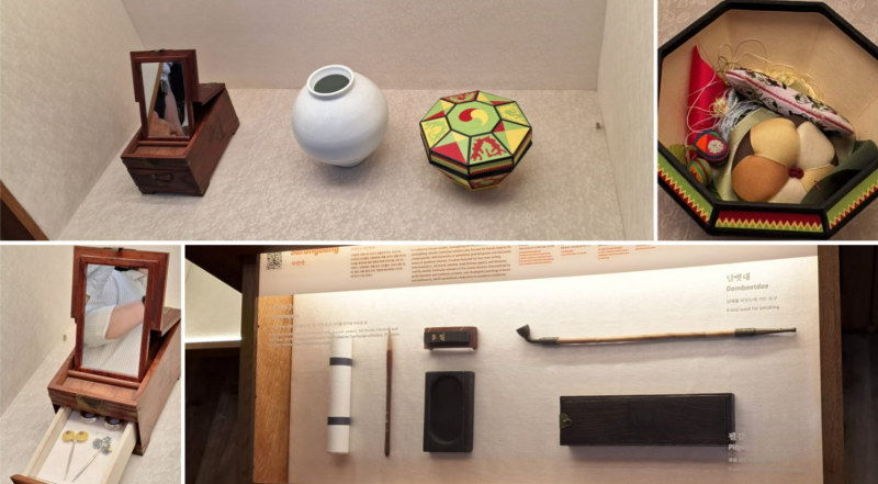 Vanity box, vase, sewing tools, and scholar’s desk reflect daily life and reverence for learning in traditional Korean houses.