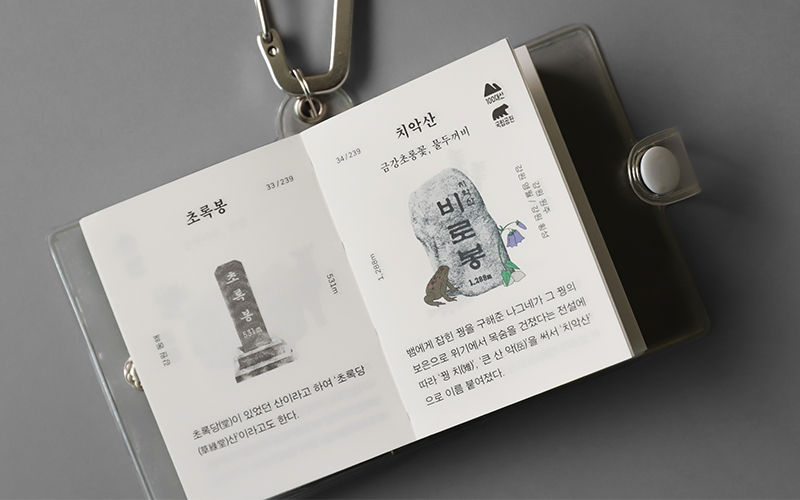 This tiny guide book maps out 239 mountains with their name, origins, and summit markers. (Shin So-hyun)