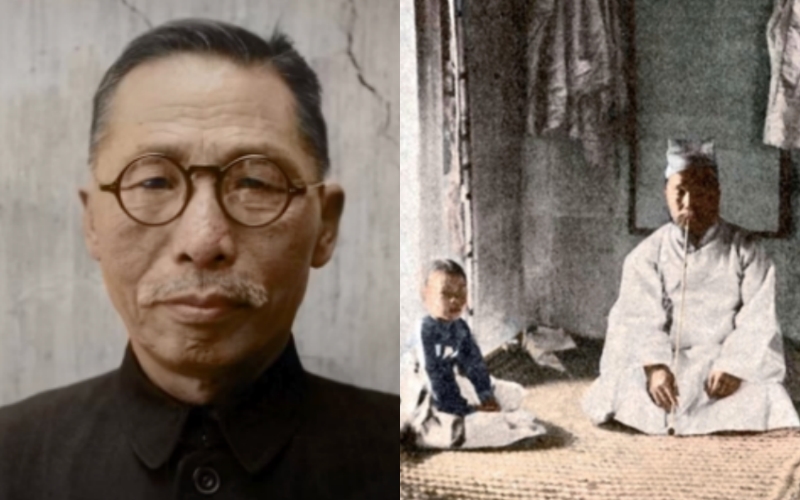 Black and white photos that have been restored, colorized, and brought back to life, including a portrait of Kim Gu (left), and a photo of the room where Ahn Jung-geun lived (right).