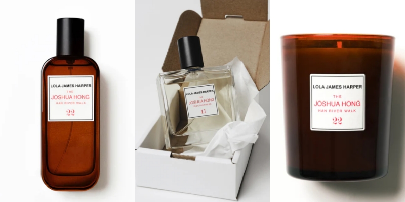 The collaboration between Joshua of SEVENTEEN and Lola James Harper features various products, including a home spray (left), perfume (middle), and scented candle (right). (Lola James Harper)