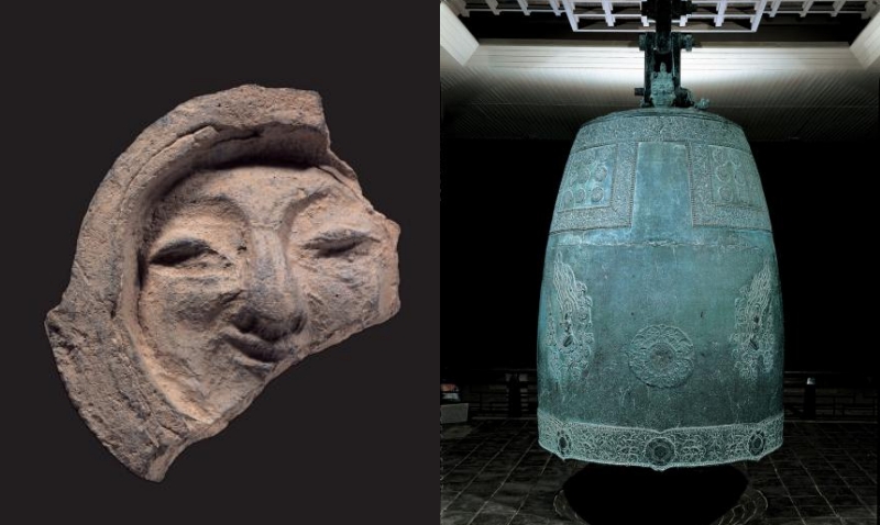 The Roof-end Tile with Human Face Motif of Gyeongju (left) and the Sacred Bell of King Seongdeok. (right) (Korea Heritage Service)
