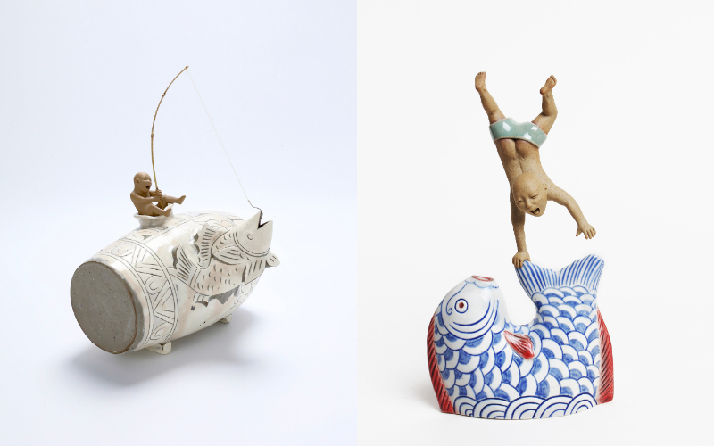 Ahtaegong, a fishingman who catches Buncheong (traditional stoneware) fish (left), and the character Ah balancing on a carp porcelain (right).