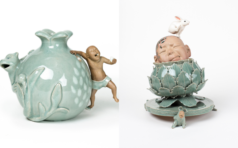 Korean celadon work ‘’The monkey watchman and the pomegranate thief Ah'' (left). Celadon thurible with escaping rabbit (right).