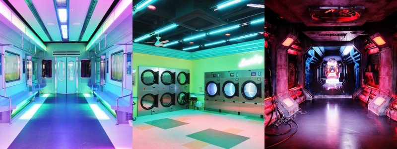 Among the standout features of the second floor are a creatively designed subway platform (left), a retro laundry room (middle), and a spaceship set (right). 