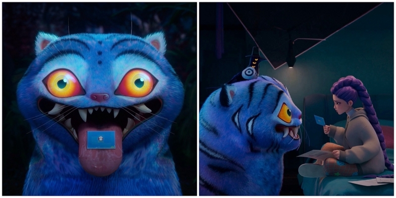 A supernatural character inspired by Korean folk art and the traditional “Jakhodo” painting, Derpy the tiger (left) delivers a mysterious invitation to Rumi in “KPop Demon Hunters” (right). (Netflix and Sony Pictures Animation)