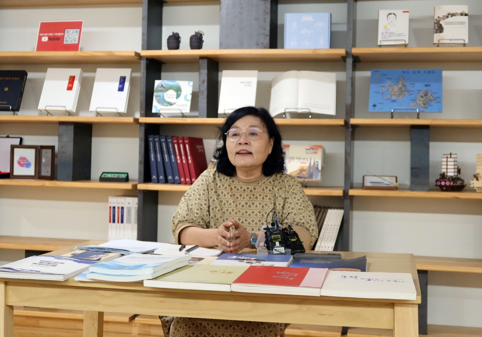 Lee Myung-hwa, director of the Institute of Korean Independence Movement Studies, on Aug. 8 responds to questions at a news conference held at the Independence Hall of Korea in Cheonan, Chungcheongnam-do Province. (Charles Audouin)  