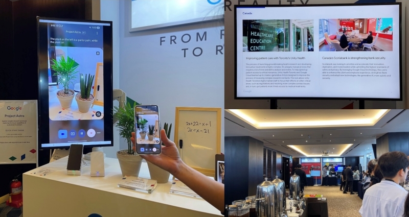 Google Gemini's Project Astra, where the booth specialist is demonstrating how the AI can identify different objects and answer questions in real-time (left), and a look at the exhibition booth overall (right).