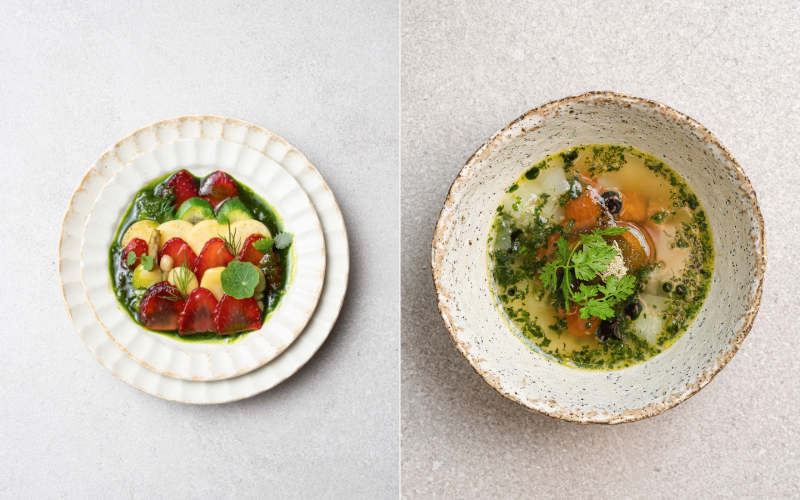 Strawberries, cucumbers, radish, fava beans, and black bean puree (left). Tomato soup made from cherry tomatoes, vegetables, Korean mints, white kelp, and tempeh (right).