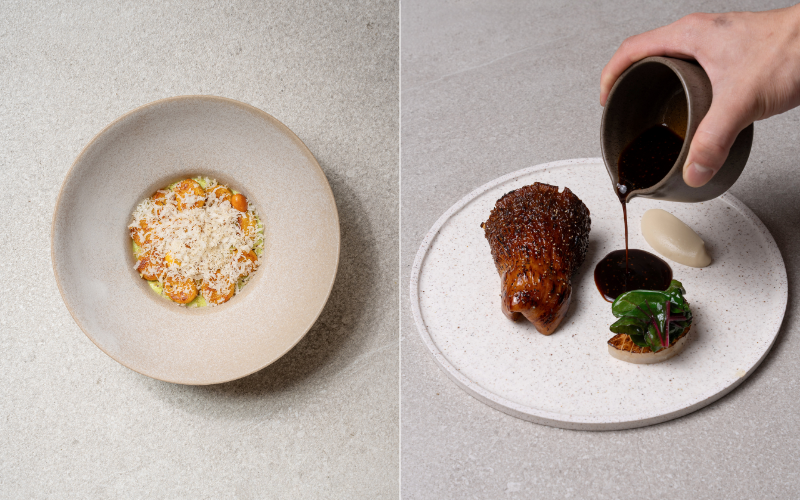 Chickpea gnocchi dish (left) and Awui mushroom dish (right).