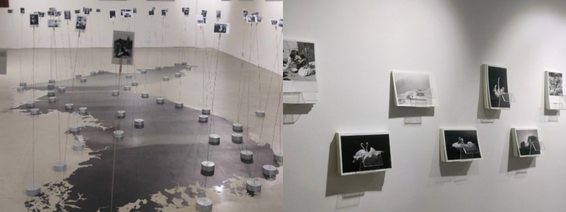 (Left) A map of the Korean Peninsula displays Polaroid photographs taken by a foreign photographer and filmmaker-media artist immediately after Korea’s liberation. (Right) Postcards featuring the works of the iconic photographers Koo Wangsam, Cho Kyusun, and Baek Jongha on display.