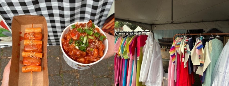 (Left) Street food stalls featuring Sotteok Sotteok and spicy chicken with rice. (Right) Hanbok booth offering visitors the experience of traditional dress for photos.