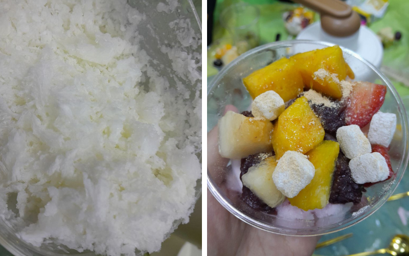 The image on the right shows the dish 'Bingsu' (빙수) prepared by the reporting team led by Aseel, and on the left, a photo of shaved ice 