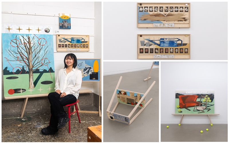 Artist Jo Eun-si with her works in the studio and gallery. Pictured with Siblings Above Siblings Below (top left), Four as One (bottom center) and From Floor to Chair (bottom right). 