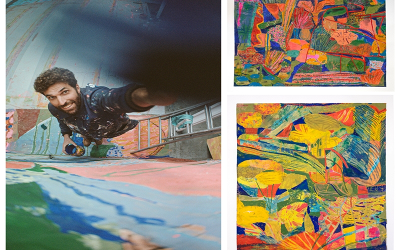 French artist Geoffroy Pithon alongside his artworks, including Vase aux serpents (top right), and Vallon Pierre (bottom right).