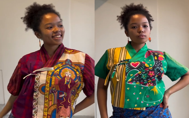 Kael Street's collections include women's Hanbok tops incorporating Filipino weaves. (Mikaella Borinaga and Kael Street)