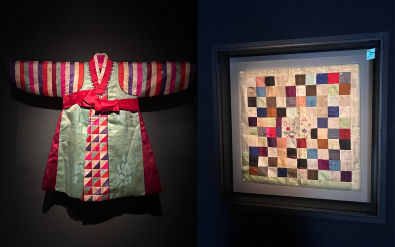 Some of the items seen by Mikaella Borinaga during her visit to an exhibit at the Seoul Museum of Craft Art in November 2024. Left: A Hanbok that includes jogakbo or traditional Korean patchwork. Right: A piece of bojagi or traditional Korean wrapping cloth with jogakbo. (Mikaella Borinaga)