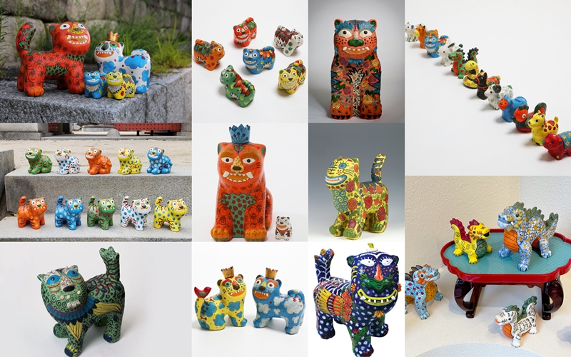 For over 20, artist Jang Mee-kyung has been creating ceramic sculptures that reimagine Korea’s cultural symbols with a playful contemporary touch. While her main focus is the tiger, she also produces works inspired by the 12 zodiac animals, dragons, and other traditional motifs, drawing inspiration from diverse sources of Korean heritage: the stone statues of the zodiac animals at Gyeongbok Palace’s Geunjeongjeon Hall, the intricate dancheong (multicolored decorative patterns on wooden architecture), and kkokdu, the wooden dolls once placed on funeral biers to protect the deceased. ( Courtesy of Jang Mee-kyung)