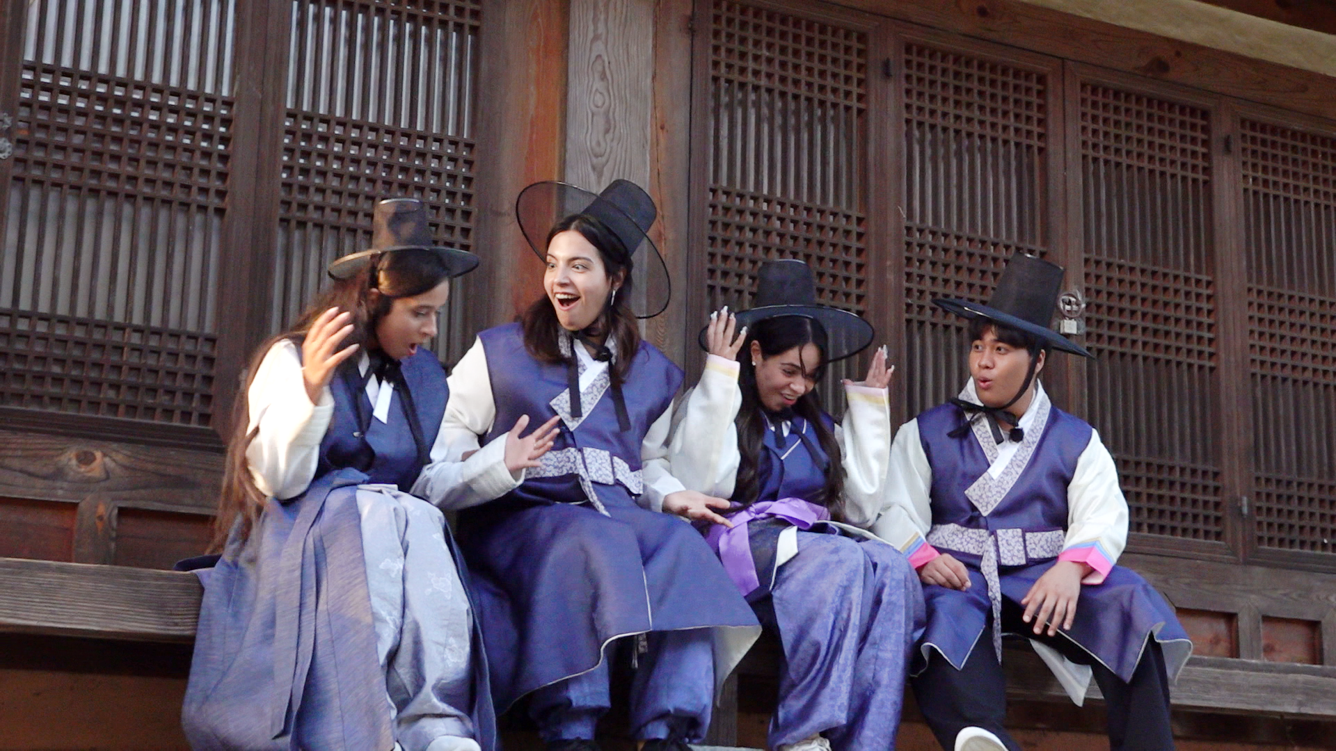 Team Hwarang poses for a photo in Gyochon Traditional Village. From left are Priyal Gupta from India, Zahra Kazemzadeh from Iran, Silham Warrad from Morocco and Saurabh Thapa from Nepal. 