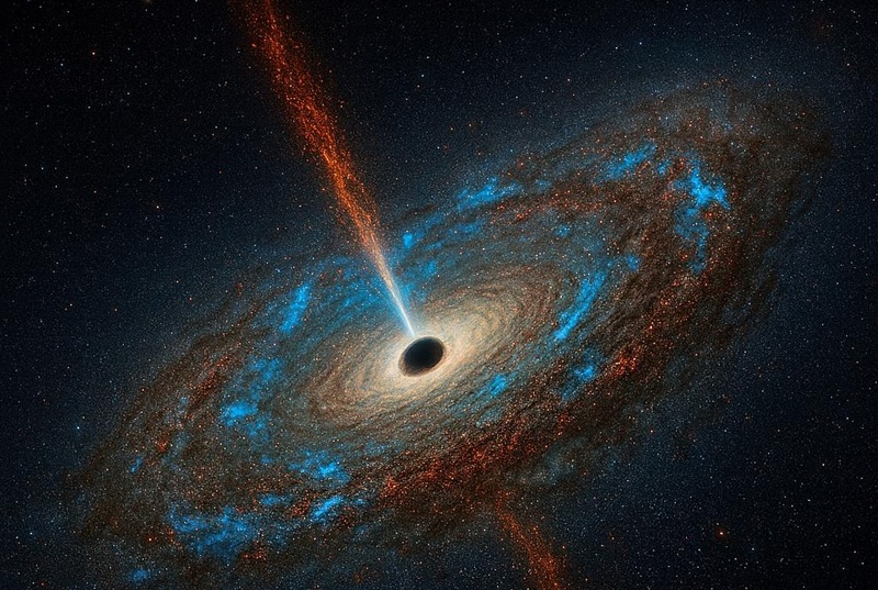 Shown is an imagined illustration of a supermassive black hole galaxy. (Korea Astronomy & Space Science Institute)  