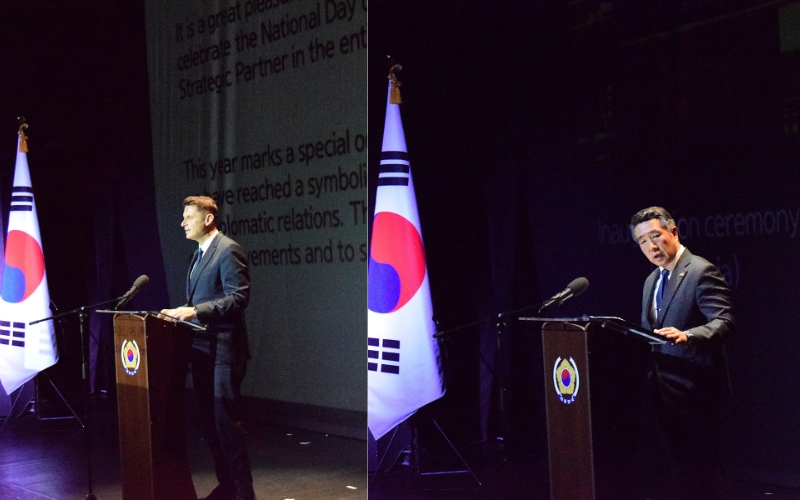 H.E. Mr. Mircea Abrudean(left), President of the Senate of Romania, and H.E. Mr. Kap-soo Rim(right), Ambassador of the Republic of Korea to Romania, delivering their speeches during the event.