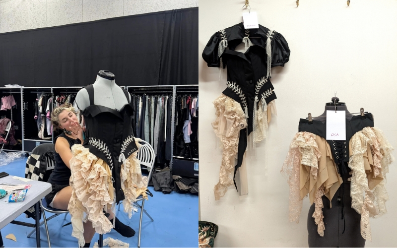 Gloria Jane Royer working on Jisoo's outfit (left), Jisoo's and Lisa's outfits for BLACKPINK’s 2025/26 Deadline World Tour (right). 