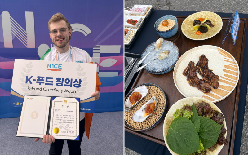 Liam Byrd with his K-Food Creativity Award at the 2025 Namdo International Culinary Expo in Mokpo (left), and the dishes he prepared for the Global K-Food Master Competition (right). 