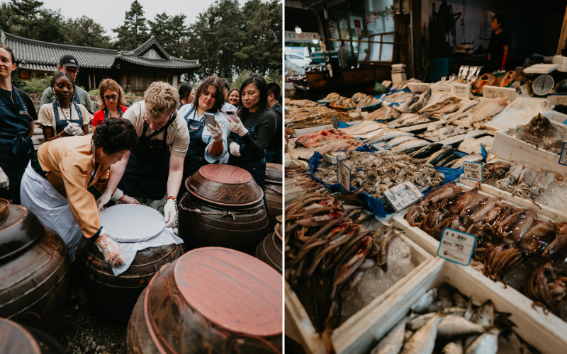 Liam Byrd with Chef Ki Soon-do in Damyang (left) and a Korean fish market (right). 